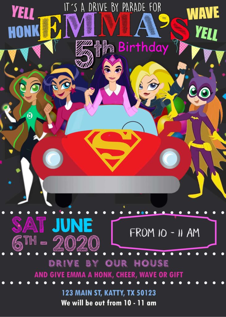 Superhero Girls Drive By Parade Birthday Invitation