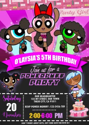 Incredible Powerpuff Black Girls Birthday Invitation