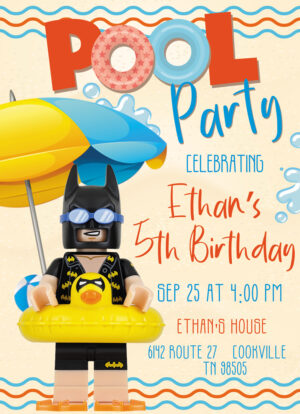 Amazing Lego Batman Pool Party Birthday Invitation