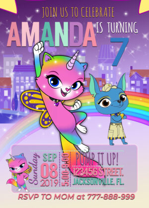 Rainbow Butterfly Unicorn Kitty Birthday Invitation