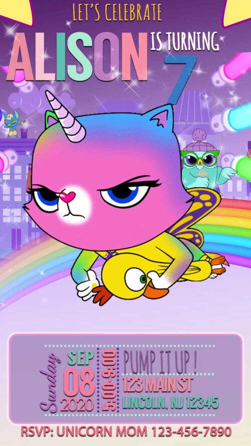 Rainbow Butterfly Unicorn Kitty Animated Video Birthday Invitation