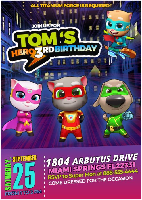 TALKING TOM HERO DASH BIRTHDAY INVITATION
