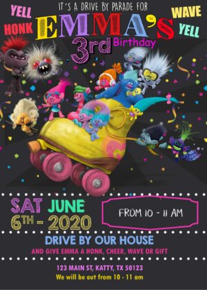 Beautiful Trolls Drive By Parade Birthday Invitation
