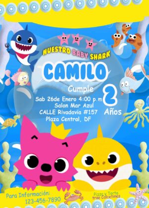Increible Invitación de Cumpleaños de Baby Shark, Invitación de Tiburón Bebé