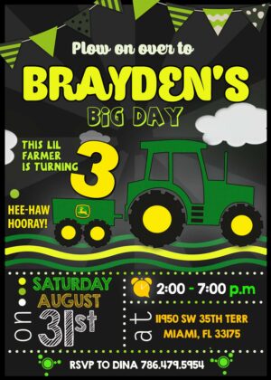 Green Tractor Birthday Invitation
