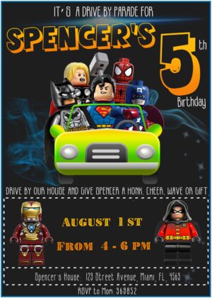 Amazing Super Hero Lego Drive By Parade Birthday Invitation