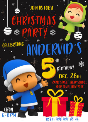 Fantastic Pocoyo Christmas Party Birthday Invitation