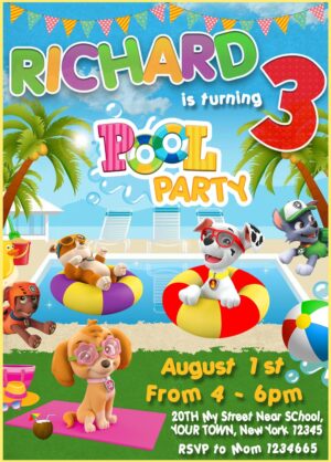 Fantastic Paw Patrol Pool Party Birthday Invitation