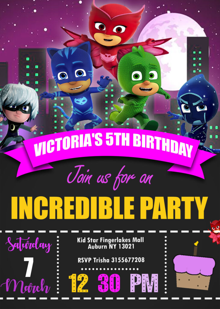 Pj Masks Owlette Birthday Invitation template