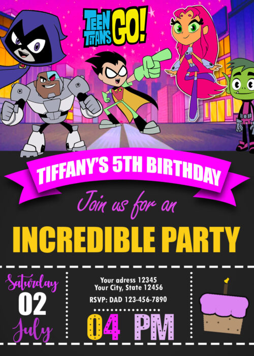 pink teen titans go birthday invitation template