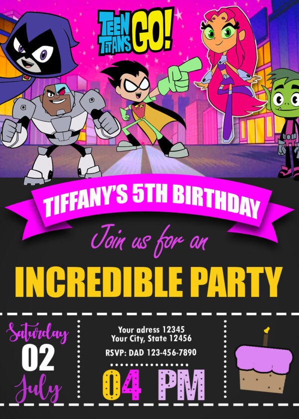 pink teen titans go birthday invitation template