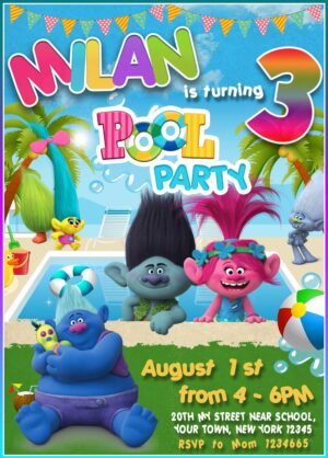 Fantastic Trolls Pool Party Birthday Invitation
