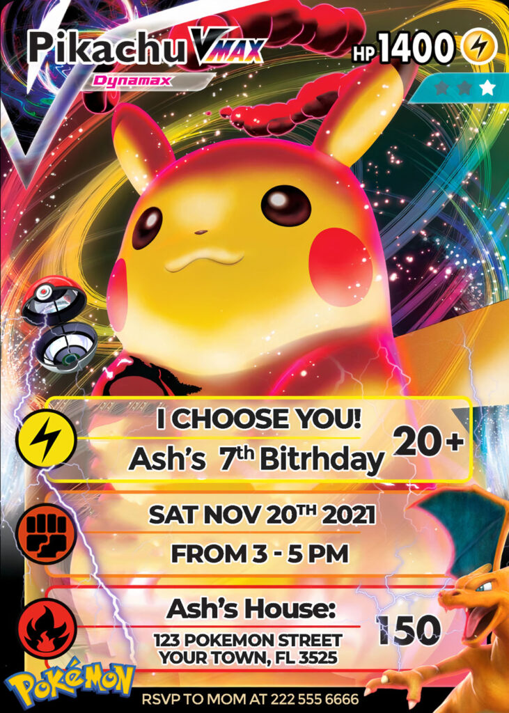 Pikachu Pokemon Card birthday invitation