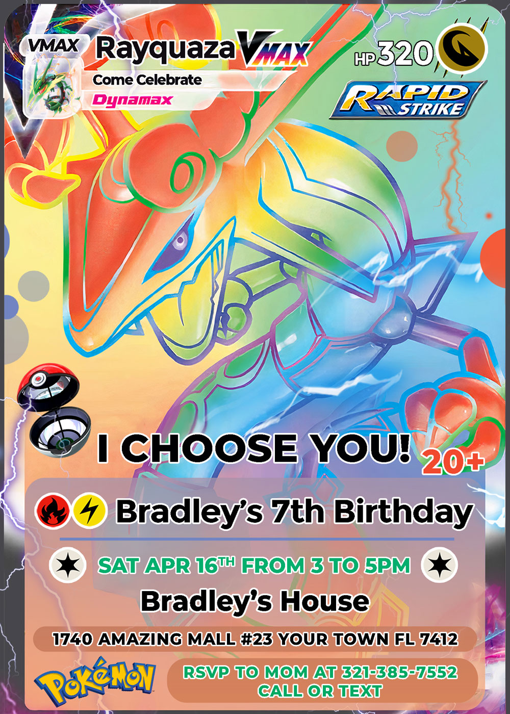 Rayquaza Pokémon Card Birthday Invitation
