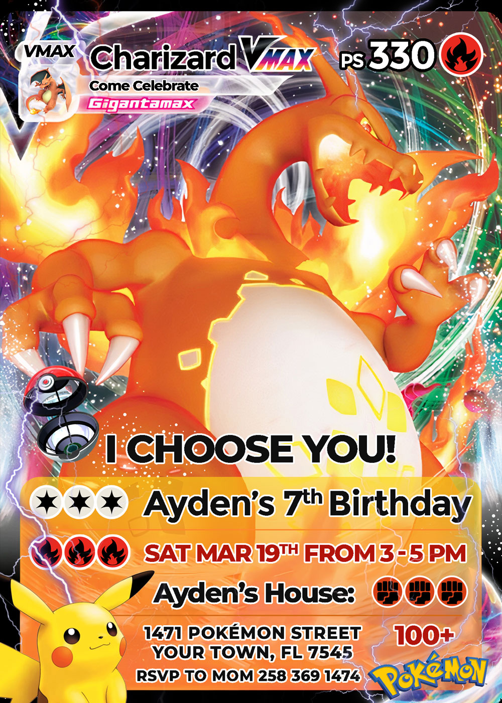 Charizard Pokémon Card Birthday Invitation