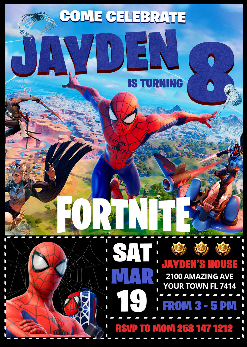 Fortnite Spider-Man Birthday Invitation