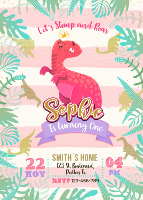 Girl Dinosaur Birthday Invitation