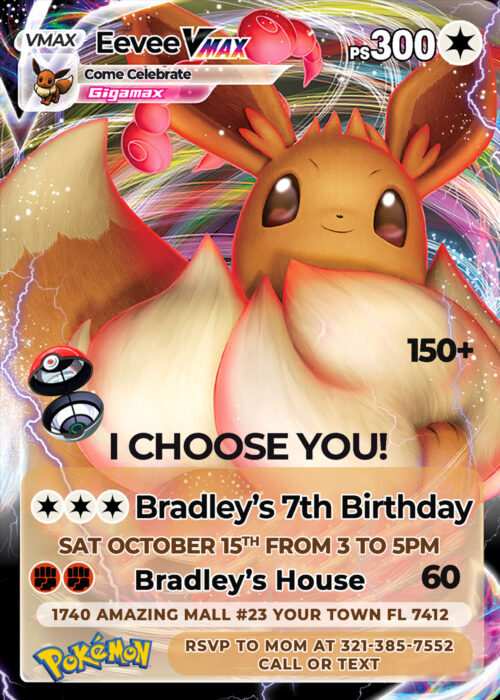 Editable Eevee Pokémon Card Birthday Invitation template