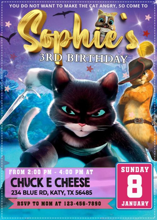 Puss in Boots girl birthday invitation