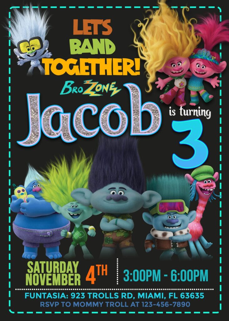 trolls band together birthday invitation for boy