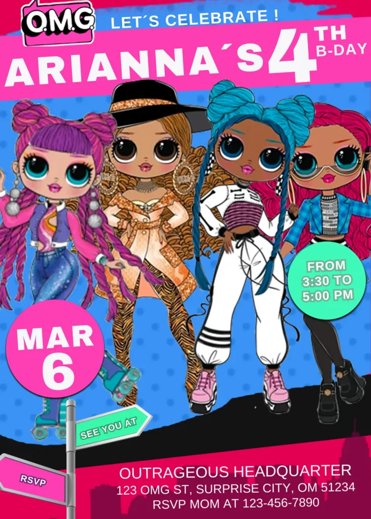 OMG LOL Dolls birthday invitation template