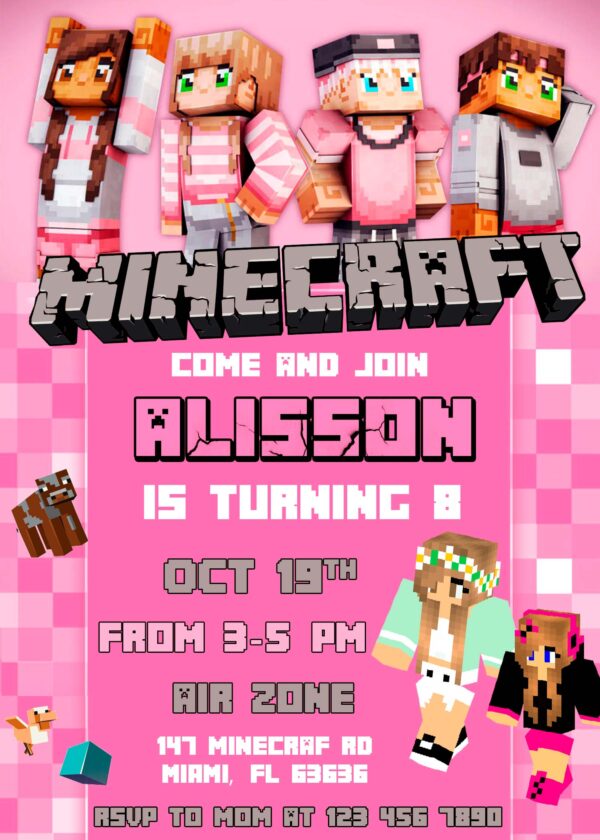 Minecraft Birthday Invite for girl