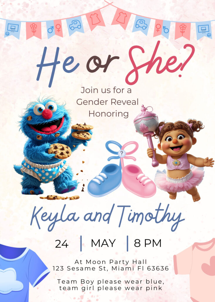 Cookie Monster or Abby Sesame Street Gender Reveal invitation