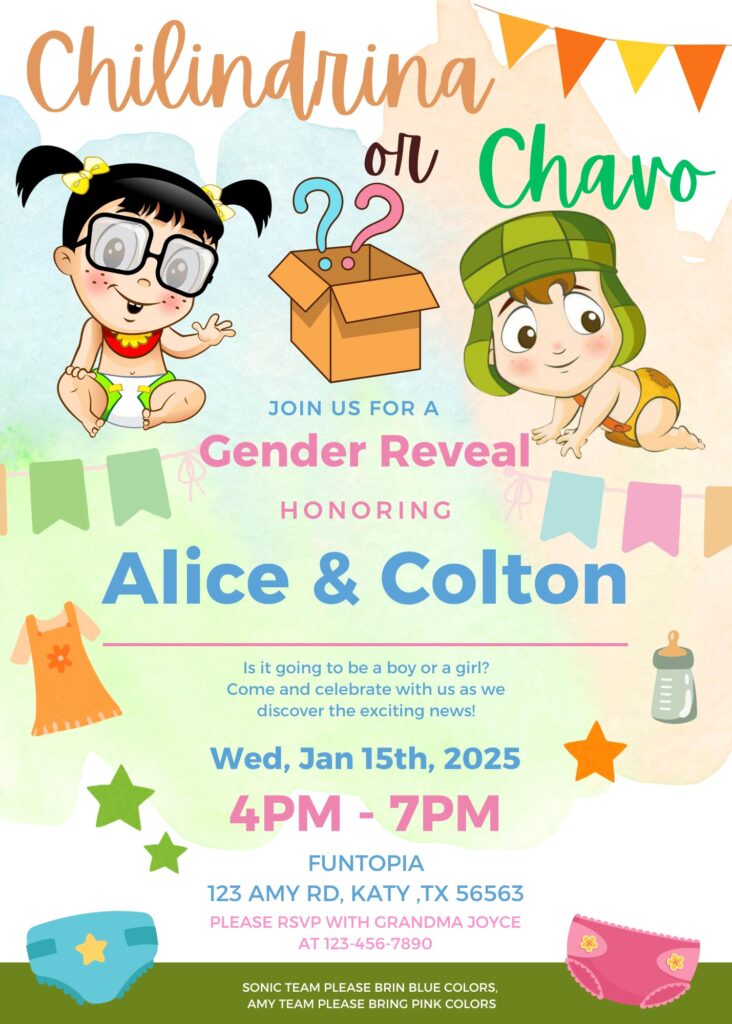 El Chavo or Chilindrina Gender reveal Invitation